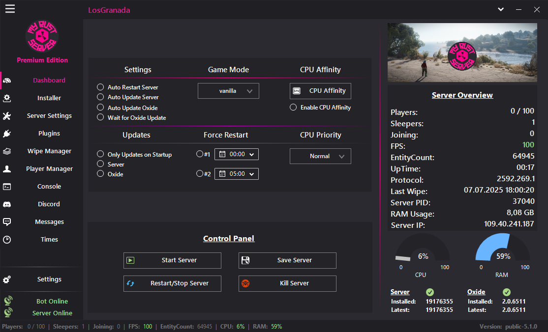 Dashboard — MyRustServer feature screenshot