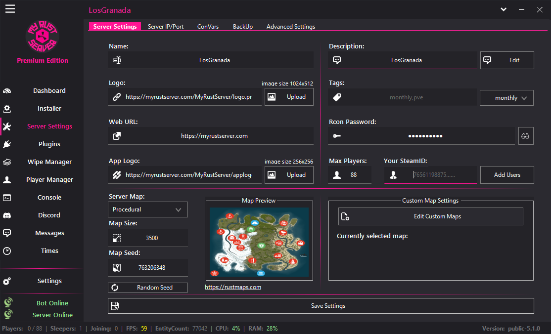 Server Settings — MyRustServer feature screenshot