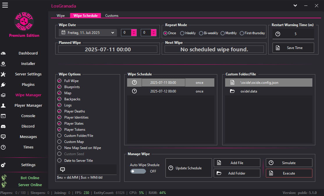Wipe Manager — MyRustServer feature screenshot